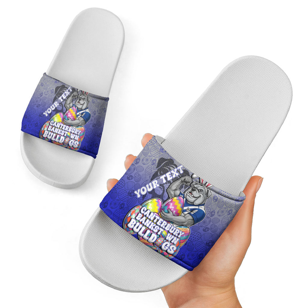 Personalized Canterbury-Bankstown Bulldogs Slide Sandals Easter Mascot - Colorful Eggs Cartoon Style