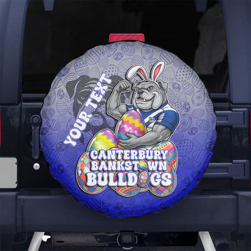 Personalized Canterbury-Bankstown Bulldogs Spare Tire Cover Easter Mascot - Colorful Eggs Cartoon Style