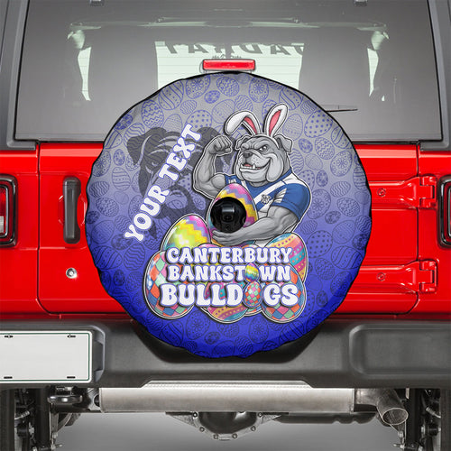 Personalized Canterbury-Bankstown Bulldogs Spare Tire Cover Easter Mascot - Colorful Eggs Cartoon Style