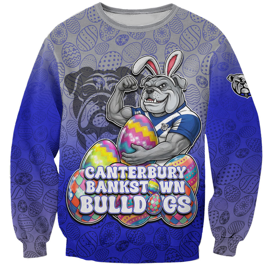 Personalized Canterbury-Bankstown Bulldogs Sweatshirt Easter Mascot - Colorful Eggs Cartoon Style