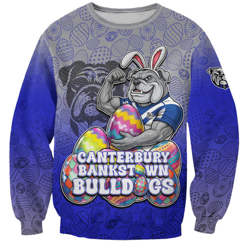 Personalized Canterbury-Bankstown Bulldogs Sweatshirt Easter Mascot - Colorful Eggs Cartoon Style