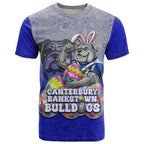 Personalized Canterbury-Bankstown Bulldogs T Shirt Easter Mascot - Colorful Eggs Cartoon Style
