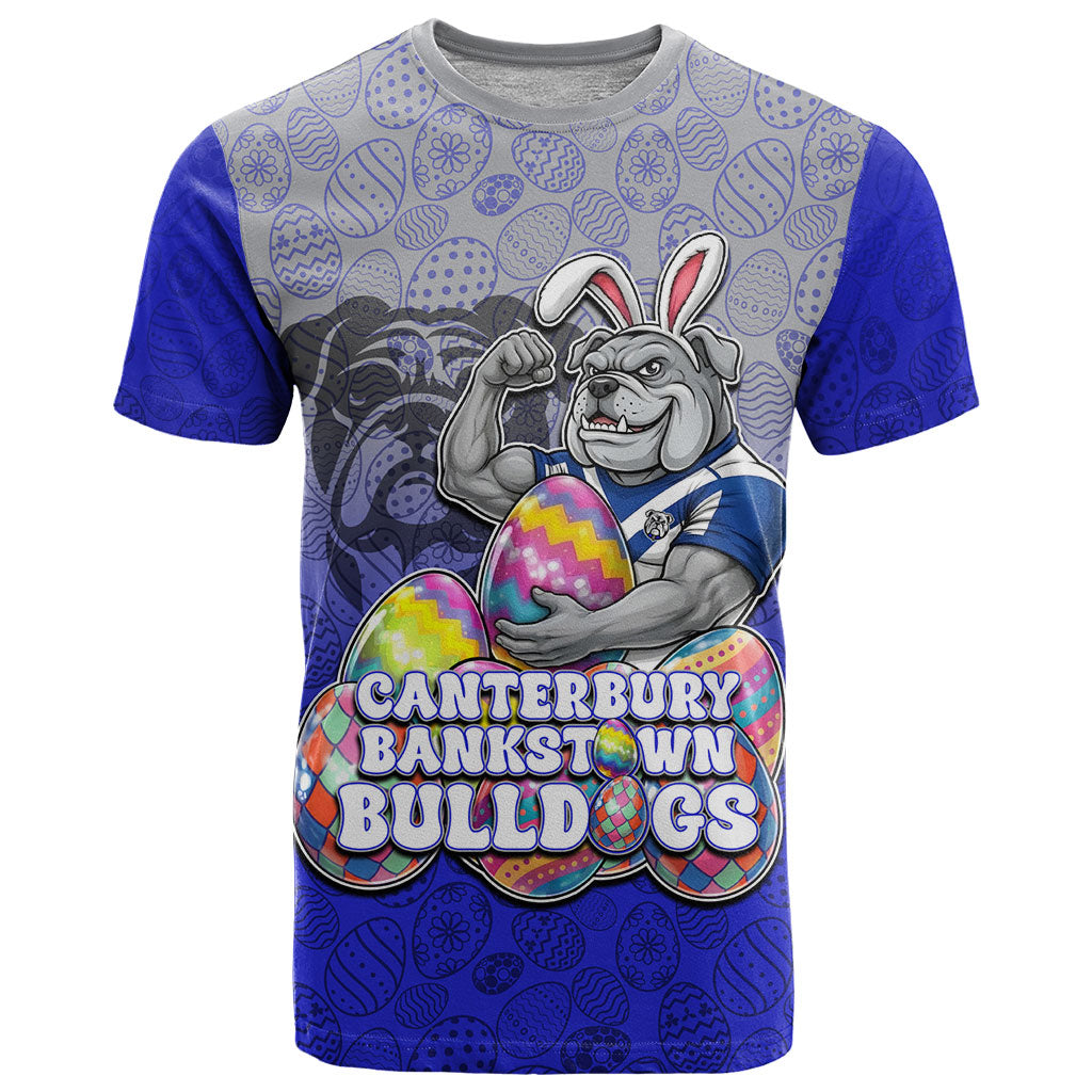 Personalized Canterbury-Bankstown Bulldogs T Shirt Easter Mascot - Colorful Eggs Cartoon Style