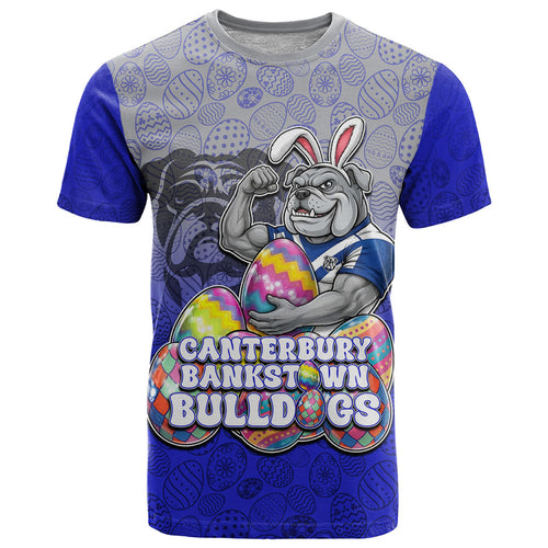 Personalized Canterbury-Bankstown Bulldogs T Shirt Easter Mascot - Colorful Eggs Cartoon Style