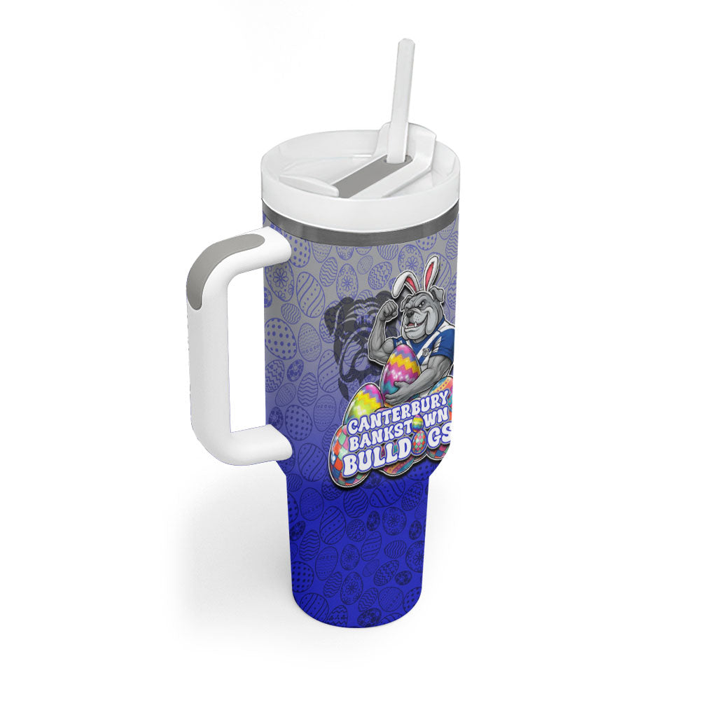 Personalized Canterbury-Bankstown Bulldogs Tumbler With Handle Easter Mascot - Colorful Eggs Cartoon Style