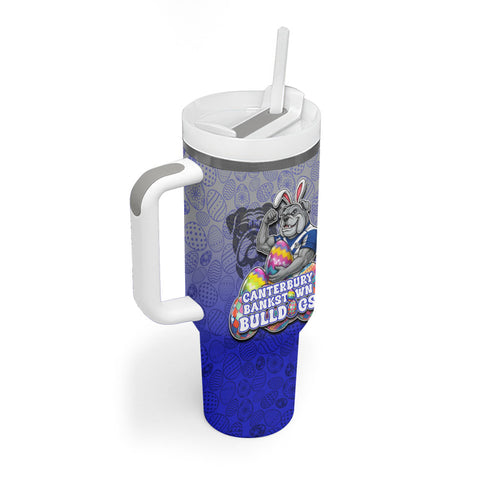 Personalized Canterbury-Bankstown Bulldogs Tumbler With Handle Easter Mascot - Colorful Eggs Cartoon Style