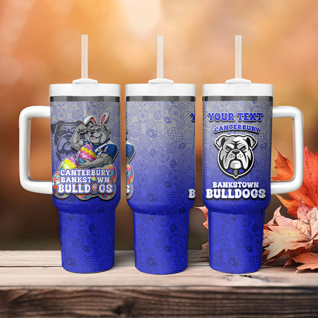 Personalized Canterbury-Bankstown Bulldogs Tumbler With Handle Easter Mascot - Colorful Eggs Cartoon Style