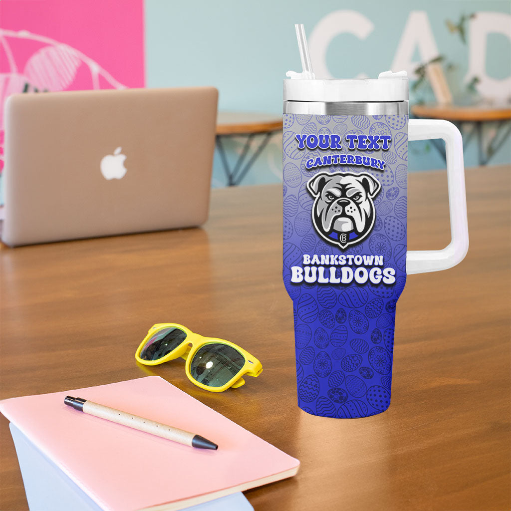 Personalized Canterbury-Bankstown Bulldogs Tumbler With Handle Easter Mascot - Colorful Eggs Cartoon Style