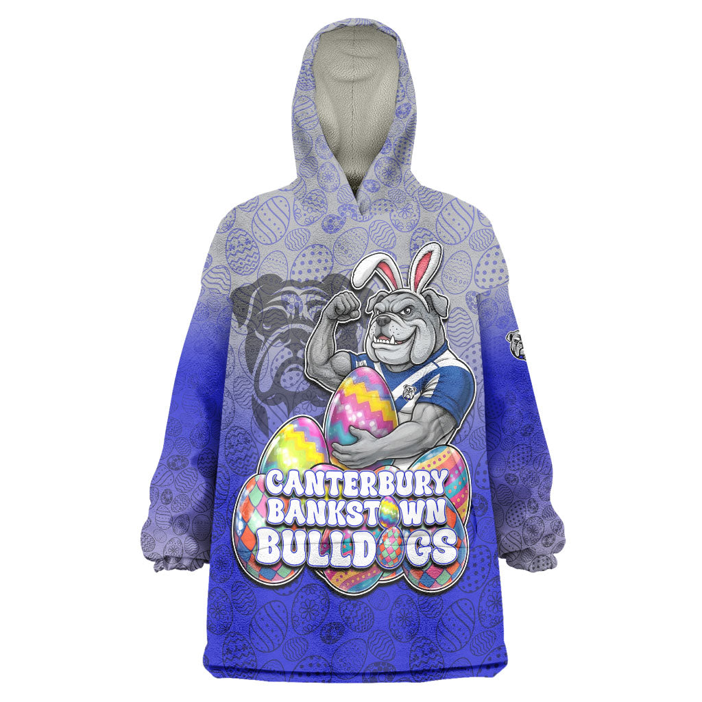 Personalized Canterbury-Bankstown Bulldogs Wearable Blanket Hoodie Easter Mascot - Colorful Eggs Cartoon Style