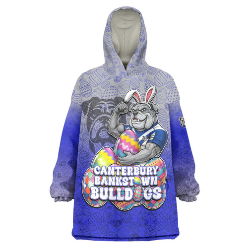 Personalized Canterbury-Bankstown Bulldogs Wearable Blanket Hoodie Easter Mascot - Colorful Eggs Cartoon Style
