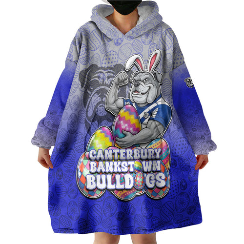 Personalized Canterbury-Bankstown Bulldogs Wearable Blanket Hoodie Easter Mascot - Colorful Eggs Cartoon Style