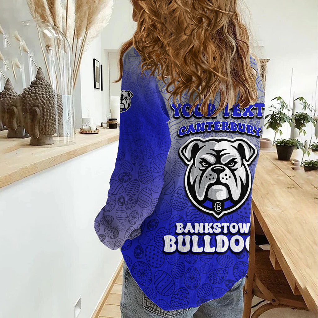 Personalized Canterbury-Bankstown Bulldogs Women Casual Shirt Easter Mascot - Colorful Eggs Cartoon Style