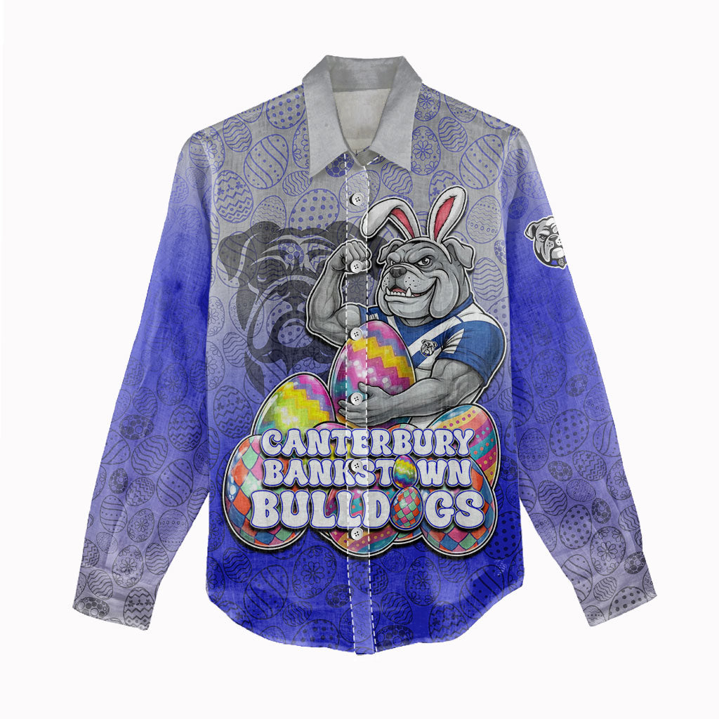 Personalized Canterbury-Bankstown Bulldogs Women Casual Shirt Easter Mascot - Colorful Eggs Cartoon Style