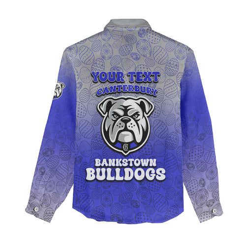 Personalized Canterbury-Bankstown Bulldogs Women Casual Shirt Easter Mascot - Colorful Eggs Cartoon Style