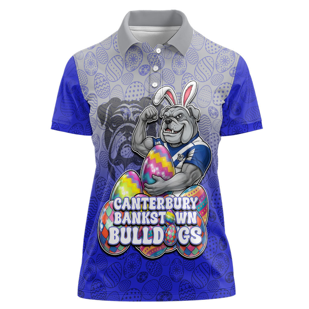 Personalized Canterbury-Bankstown Bulldogs Women Polo Shirt Easter Mascot - Colorful Eggs Cartoon Style