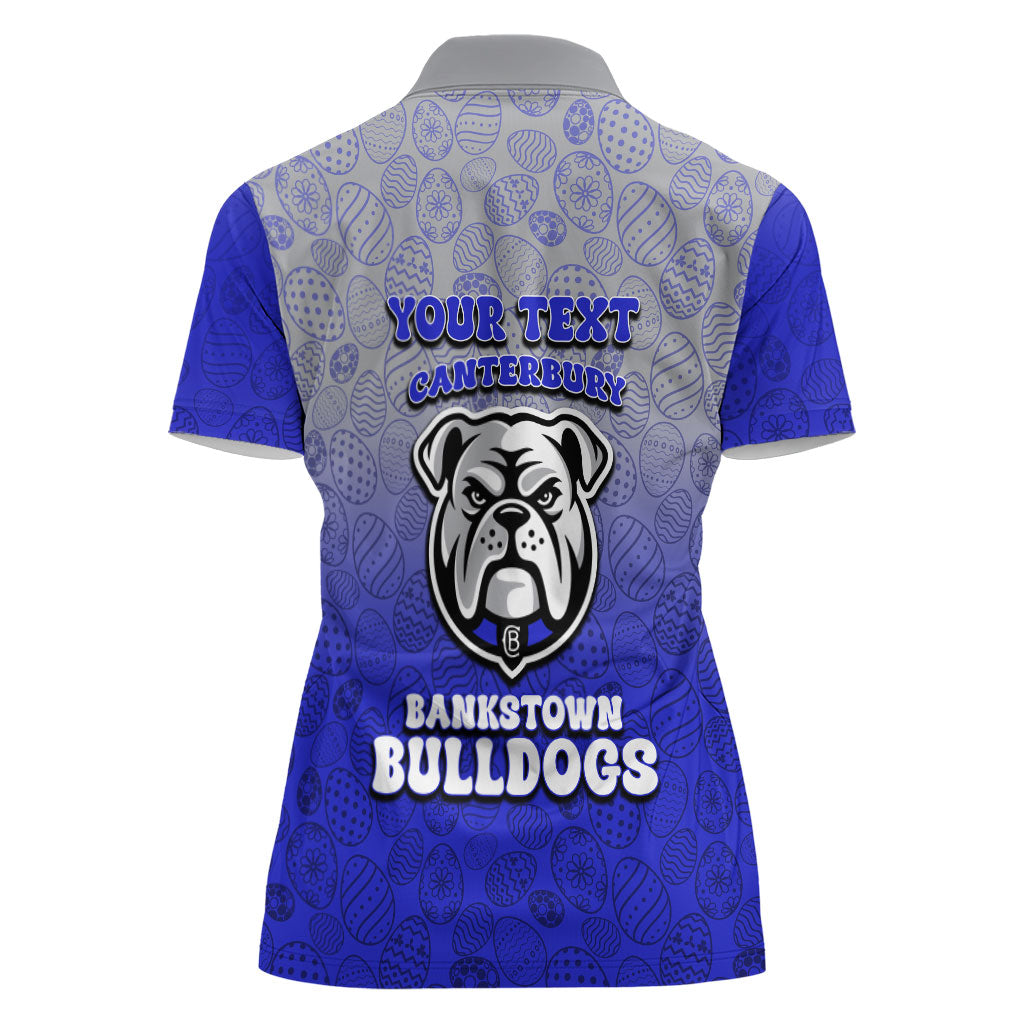 Personalized Canterbury-Bankstown Bulldogs Women Polo Shirt Easter Mascot - Colorful Eggs Cartoon Style