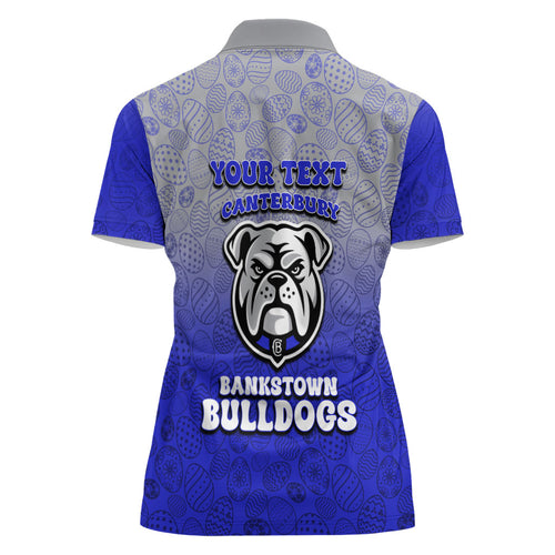 Personalized Canterbury-Bankstown Bulldogs Women Polo Shirt Easter Mascot - Colorful Eggs Cartoon Style