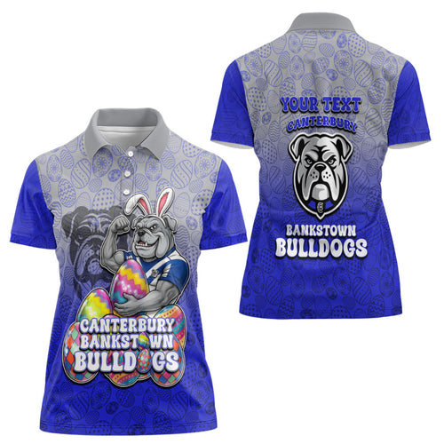 Personalized Canterbury-Bankstown Bulldogs Women Polo Shirt Easter Mascot - Colorful Eggs Cartoon Style