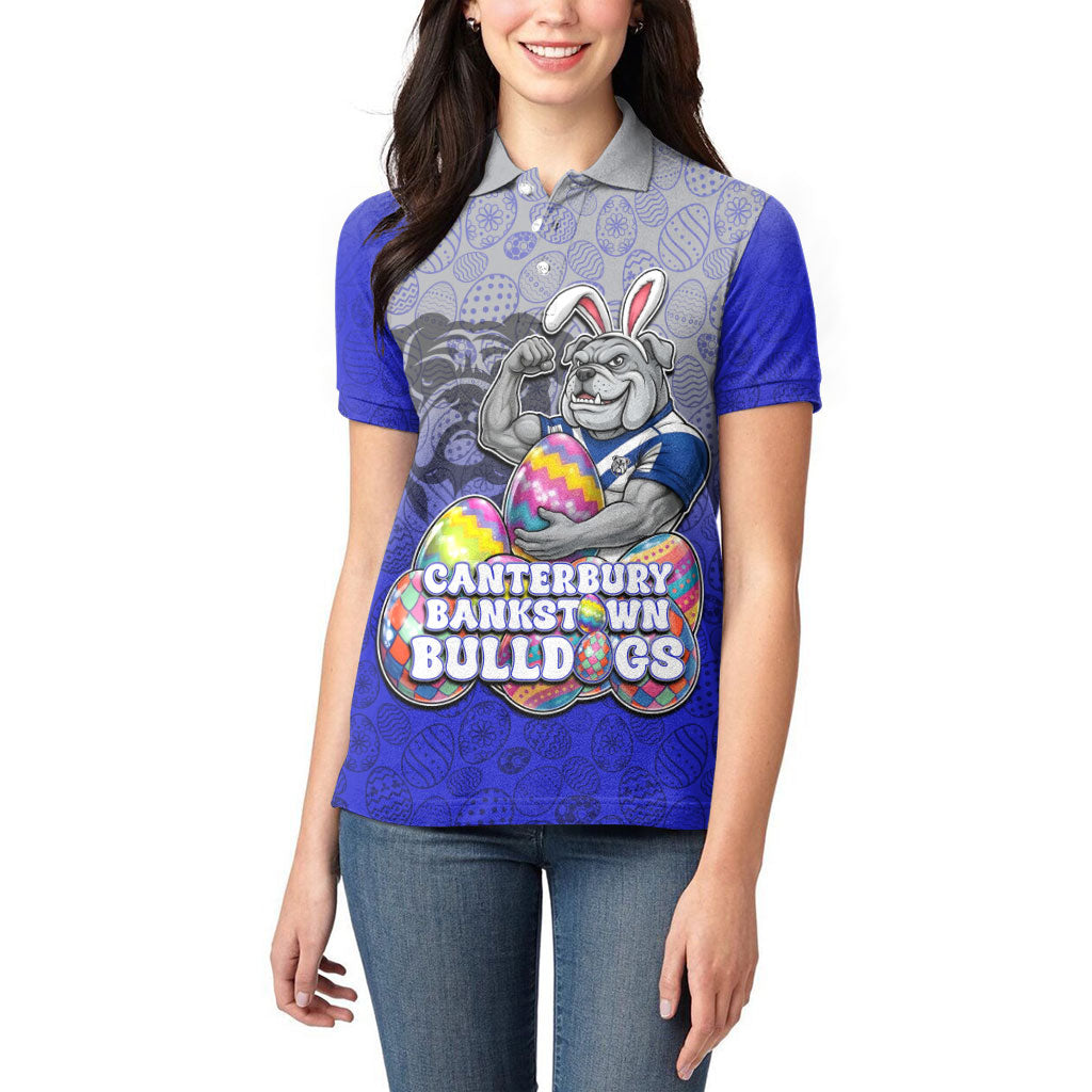 Personalized Canterbury-Bankstown Bulldogs Women Polo Shirt Easter Mascot - Colorful Eggs Cartoon Style
