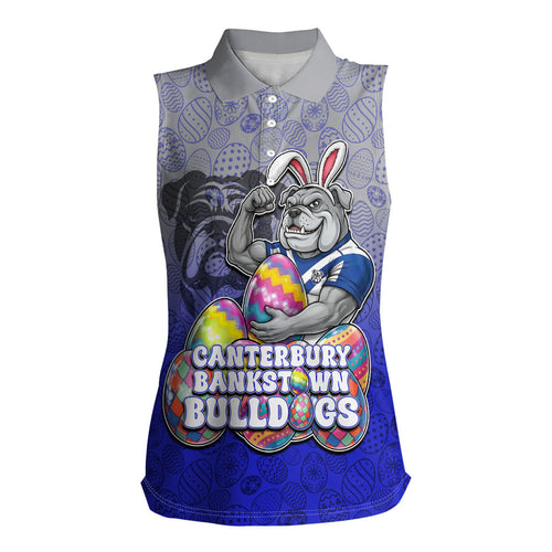 Personalized Canterbury-Bankstown Bulldogs Women Sleeveless Polo Shirt Easter Mascot - Colorful Eggs Cartoon Style