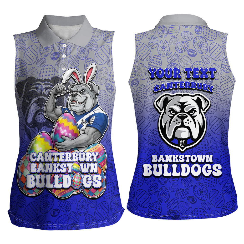 Personalized Canterbury-Bankstown Bulldogs Women Sleeveless Polo Shirt Easter Mascot - Colorful Eggs Cartoon Style