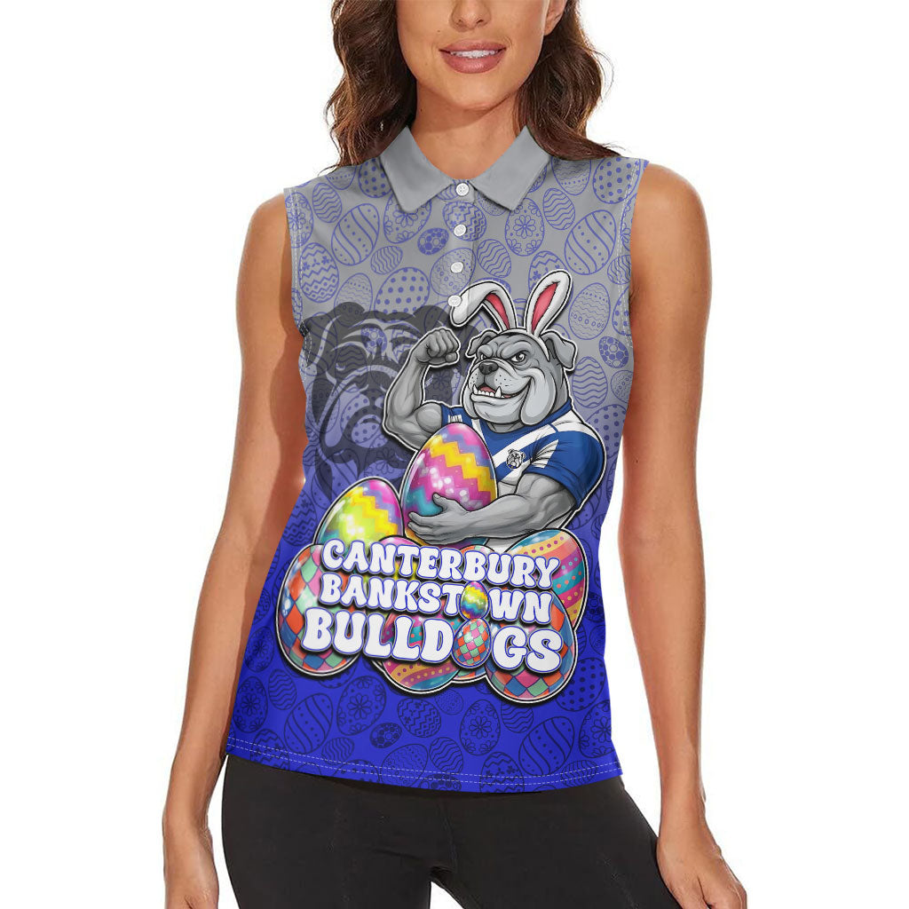 Personalized Canterbury-Bankstown Bulldogs Women Sleeveless Polo Shirt Easter Mascot - Colorful Eggs Cartoon Style