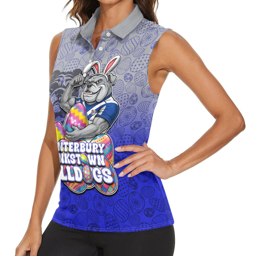Personalized Canterbury-Bankstown Bulldogs Women Sleeveless Polo Shirt Easter Mascot - Colorful Eggs Cartoon Style