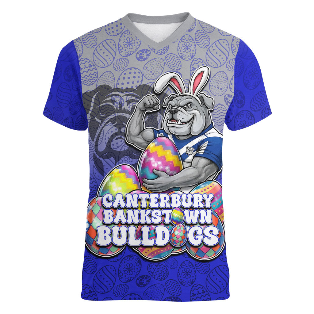Personalized Canterbury-Bankstown Bulldogs Women V-Neck T-Shirt Easter Mascot - Colorful Eggs Cartoon Style