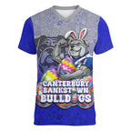 Personalized Canterbury-Bankstown Bulldogs Women V-Neck T-Shirt Easter Mascot - Colorful Eggs Cartoon Style
