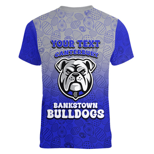 Personalized Canterbury-Bankstown Bulldogs Women V-Neck T-Shirt Easter Mascot - Colorful Eggs Cartoon Style