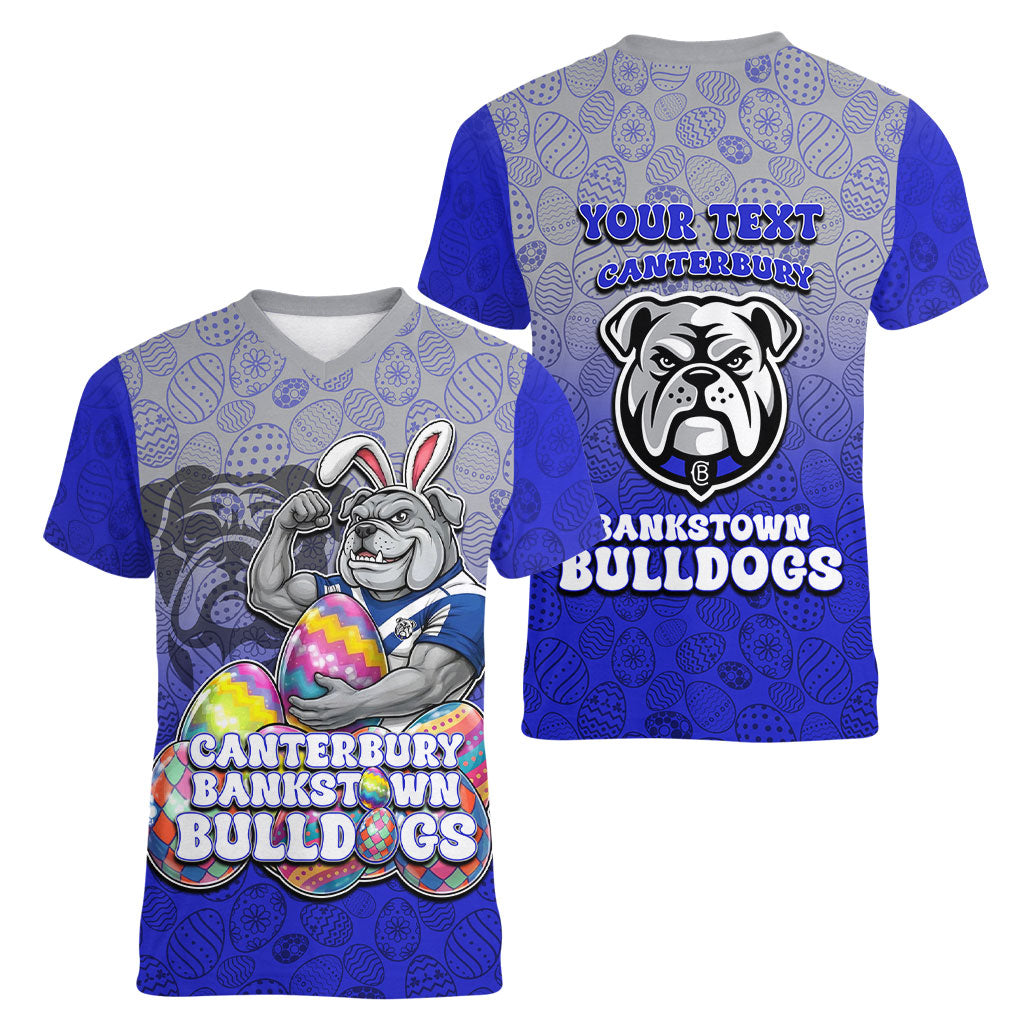 Personalized Canterbury-Bankstown Bulldogs Women V-Neck T-Shirt Easter Mascot - Colorful Eggs Cartoon Style