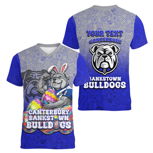 Personalized Canterbury-Bankstown Bulldogs Women V-Neck T-Shirt Easter Mascot - Colorful Eggs Cartoon Style