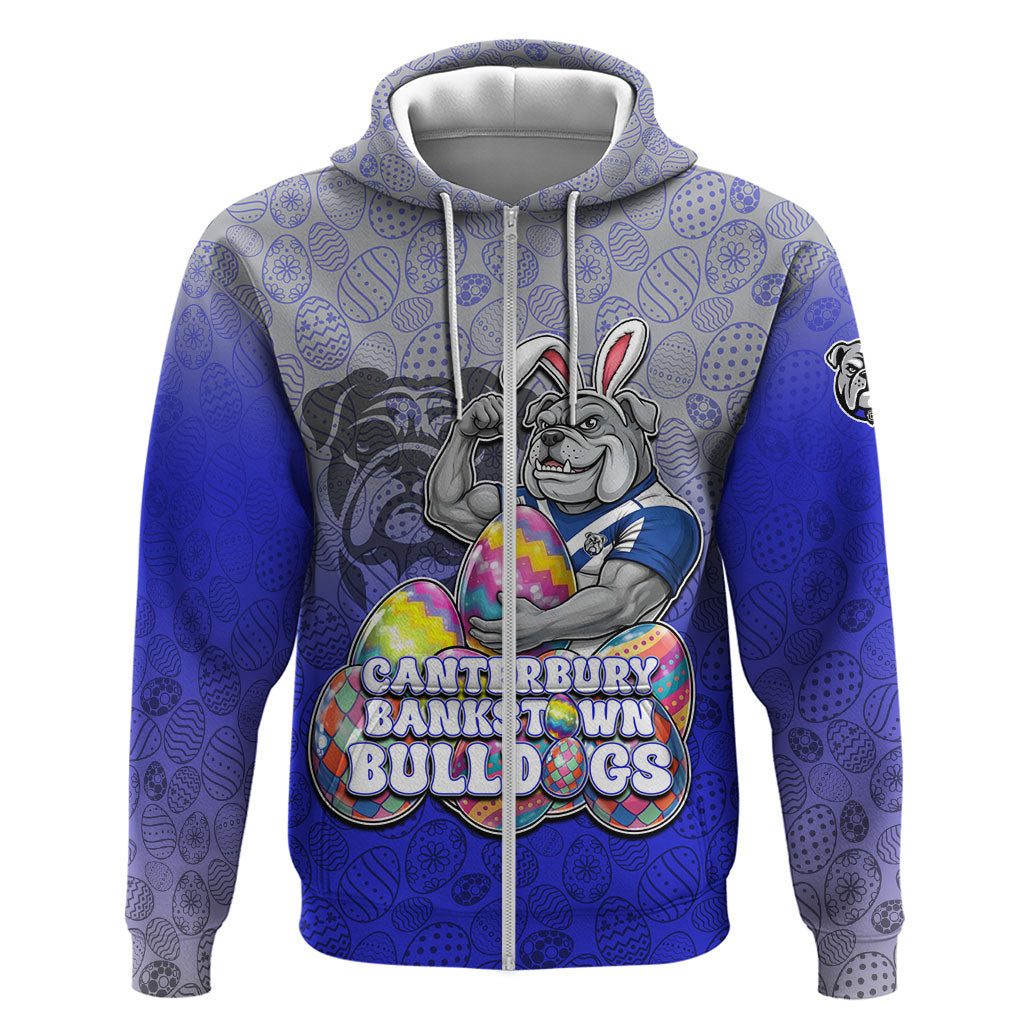 Personalized Canterbury-Bankstown Bulldogs Zip Hoodie Easter Mascot - Colorful Eggs Cartoon Style