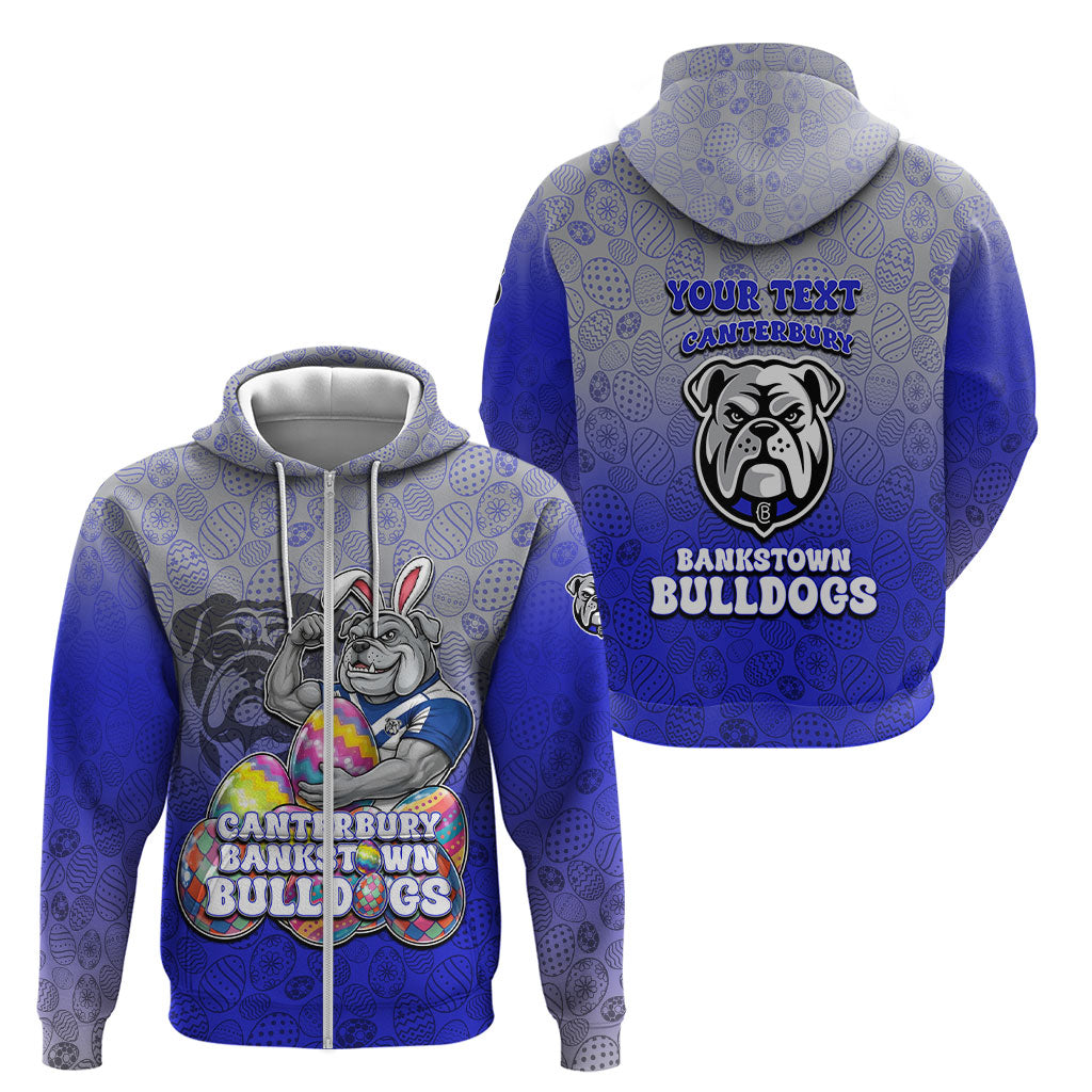 Personalized Canterbury-Bankstown Bulldogs Zip Hoodie Easter Mascot - Colorful Eggs Cartoon Style