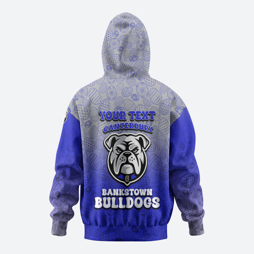 Personalized Canterbury-Bankstown Bulldogs Zip Hoodie Easter Mascot - Colorful Eggs Cartoon Style