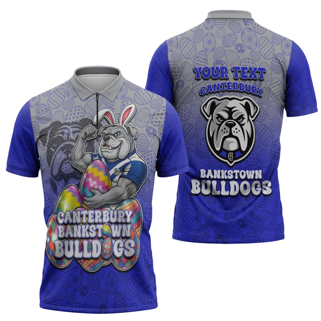 Personalized Canterbury-Bankstown Bulldogs Zipper Polo Shirt Easter Mascot - Colorful Eggs Cartoon Style