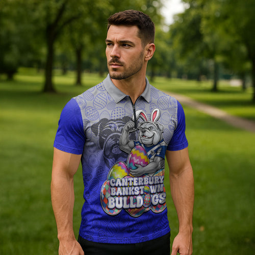 Personalized Canterbury-Bankstown Bulldogs Zipper Polo Shirt Easter Mascot - Colorful Eggs Cartoon Style