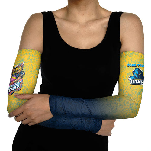 Personalized Gold Coast Titans Arm Sleeves Easter Mascot - Colorful Eggs Cartoon Style