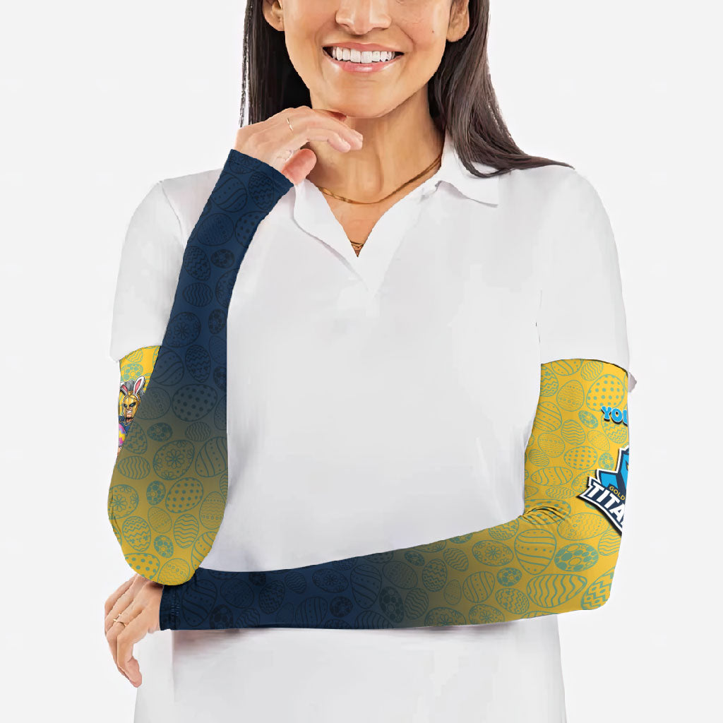 Personalized Gold Coast Titans Arm Sleeves Easter Mascot - Colorful Eggs Cartoon Style