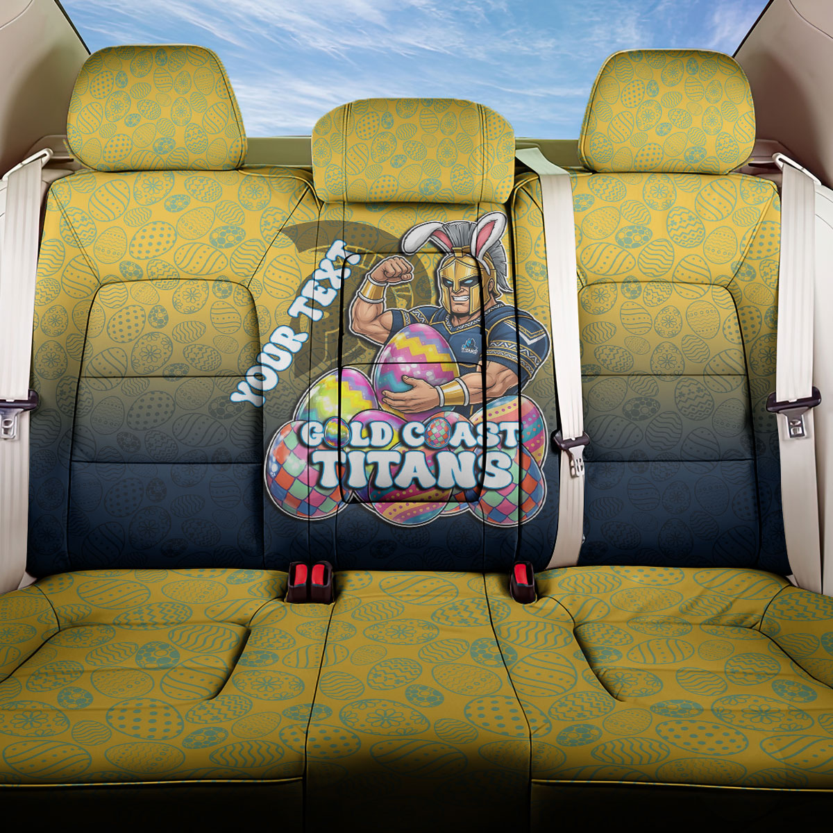 Personalized Gold Coast Titans Back Car Seat Cover Easter Mascot - Colorful Eggs Cartoon Style