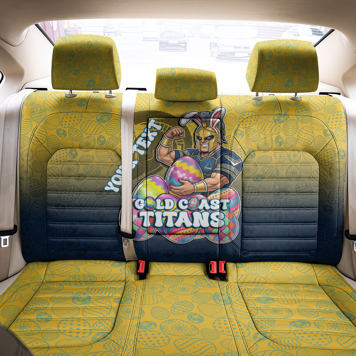Personalized Gold Coast Titans Back Car Seat Cover Easter Mascot - Colorful Eggs Cartoon Style