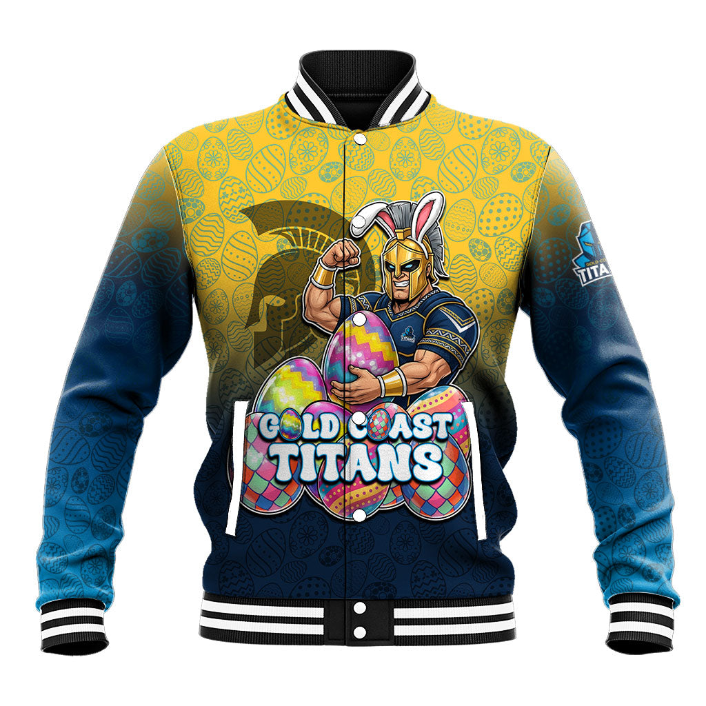 Personalized Gold Coast Titans Baseball Jacket Easter Mascot - Colorful Eggs Cartoon Style