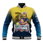 Personalized Gold Coast Titans Baseball Jacket Easter Mascot - Colorful Eggs Cartoon Style