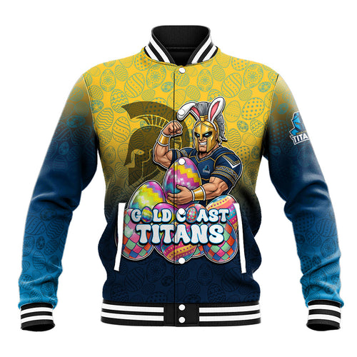 Personalized Gold Coast Titans Baseball Jacket Easter Mascot - Colorful Eggs Cartoon Style