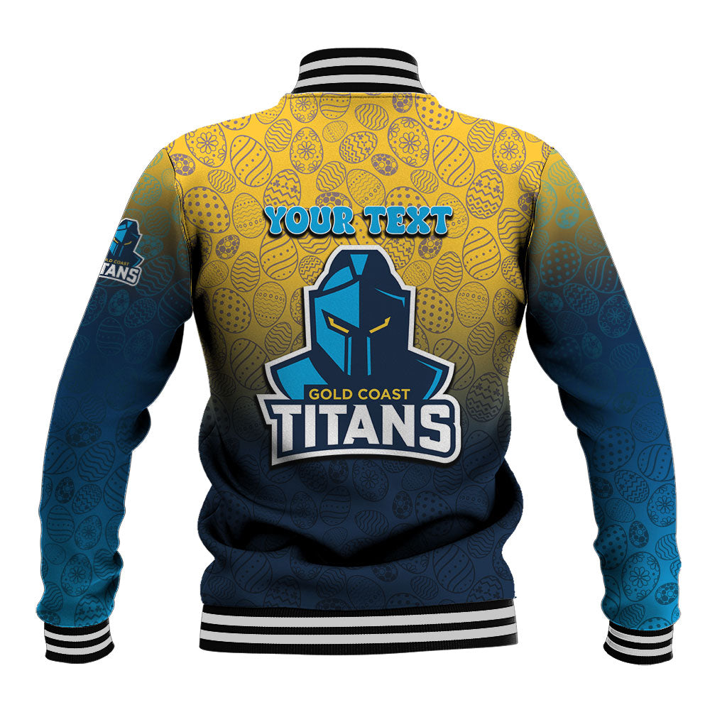 Personalized Gold Coast Titans Baseball Jacket Easter Mascot - Colorful Eggs Cartoon Style