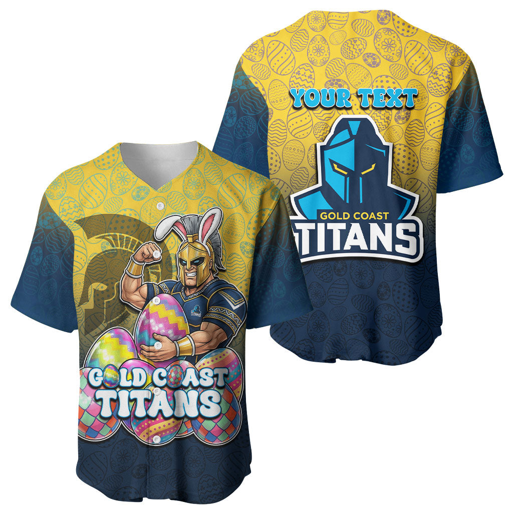 Personalized Gold Coast Titans Baseball Jersey Easter Mascot - Colorful Eggs Cartoon Style
