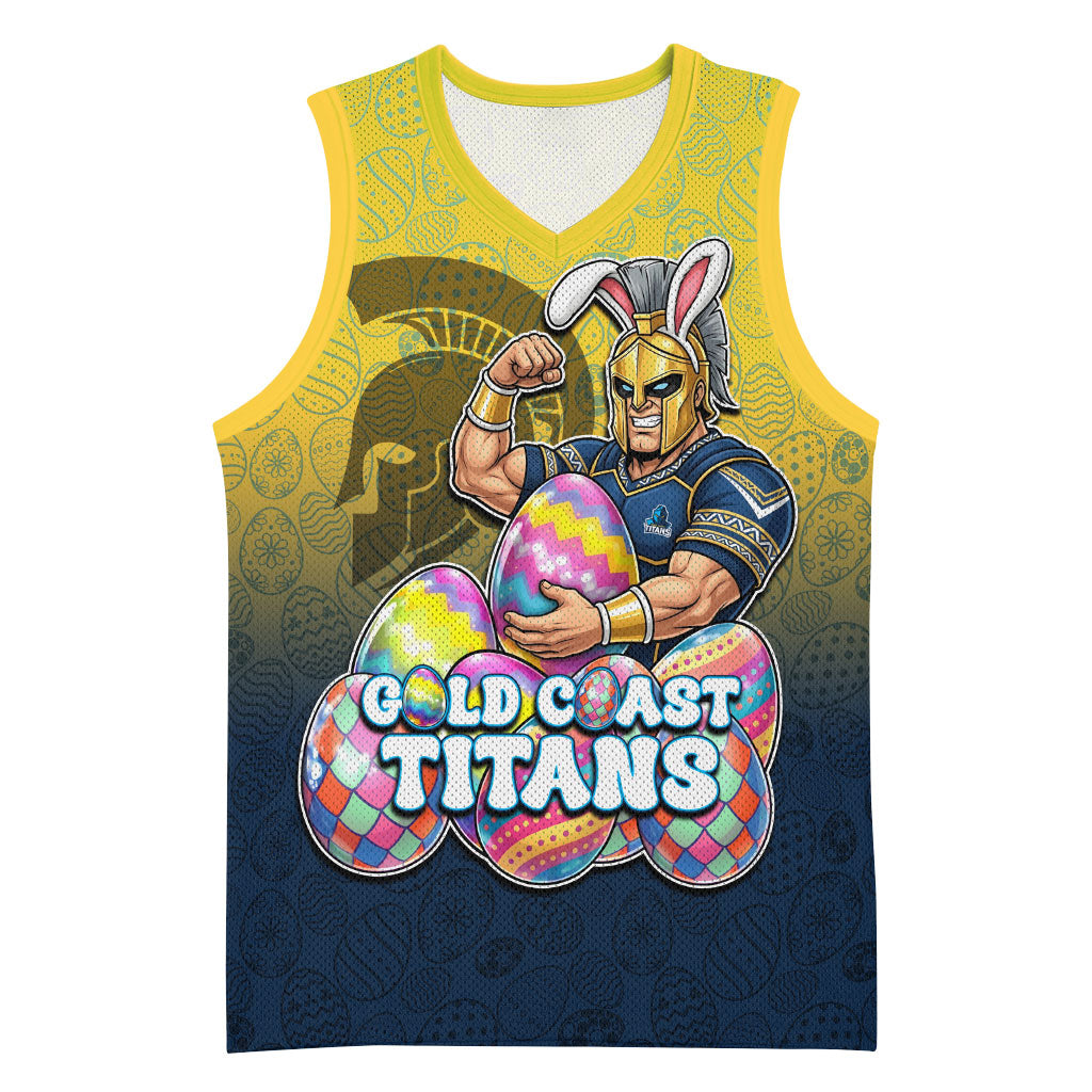 Personalized Gold Coast Titans Basketball Jersey Easter Mascot - Colorful Eggs Cartoon Style