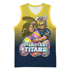 Personalized Gold Coast Titans Basketball Jersey Easter Mascot - Colorful Eggs Cartoon Style