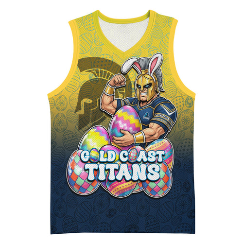 Personalized Gold Coast Titans Basketball Jersey Easter Mascot - Colorful Eggs Cartoon Style