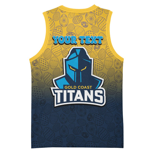 Personalized Gold Coast Titans Basketball Jersey Easter Mascot - Colorful Eggs Cartoon Style
